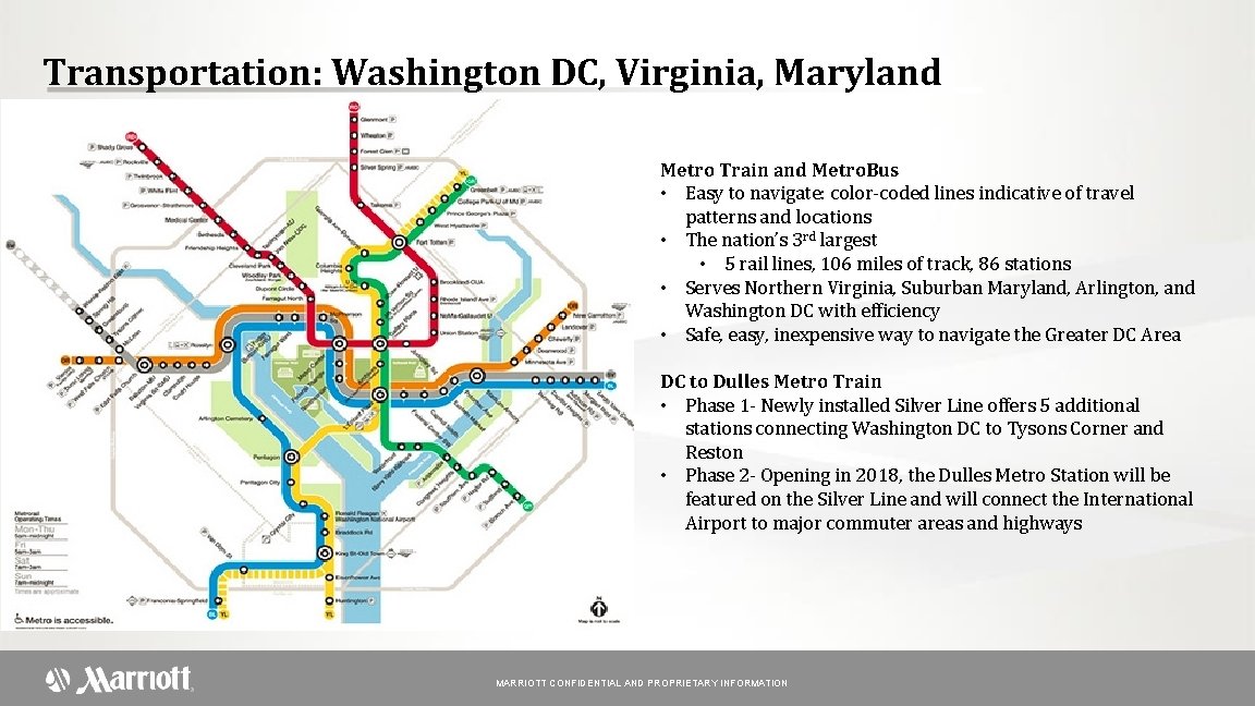 Transportation: Washington DC, Virginia, Maryland Metro Train and Metro. Bus • Easy to navigate: