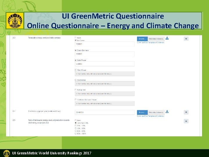 UI Green. Metric Questionnaire Online Questionnaire – Energy and Climate Change UI Green. Metric