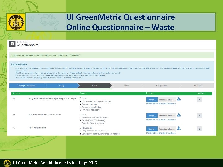 UI Green. Metric Questionnaire Online Questionnaire – Waste UI Green. Metric World University Rankings