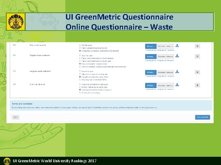 UI Green. Metric Questionnaire Online Questionnaire – Waste UI Green. Metric World University Rankings