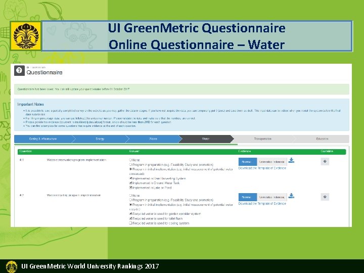 UI Green. Metric Questionnaire Online Questionnaire – Water UI Green. Metric World University Rankings