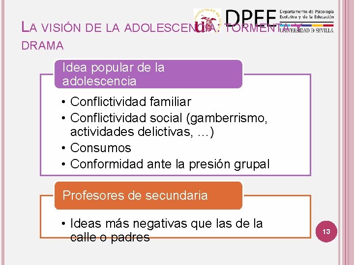 LA VISIÓN DE LA ADOLESCENCIA: TORMENTA Y DRAMA Idea popular de la adolescencia •