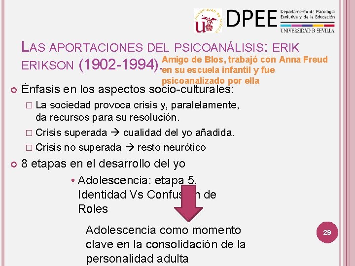 LAS APORTACIONES DEL PSICOANÁLISIS: ERIK Amigo de Blos, trabajó con Anna Freud ERIKSON (1902