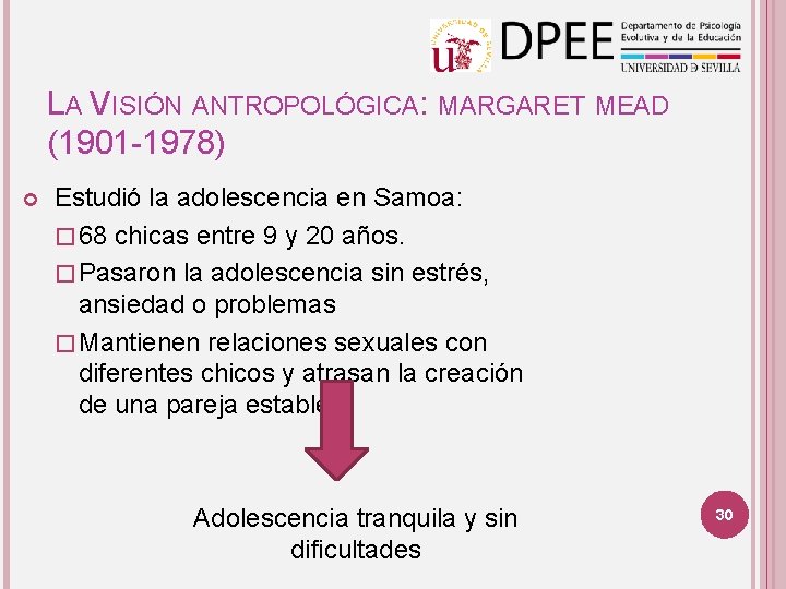 LA VISIÓN ANTROPOLÓGICA: MARGARET MEAD (1901 -1978) Estudió la adolescencia en Samoa: � 68