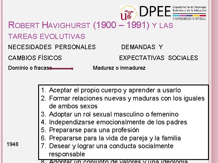 ROBERT HAVIGHURST (1900 – 1991) Y LAS TAREAS EVOLUTIVAS NECESIDADES PERSONALES DEMANDAS Y CAMBIOS