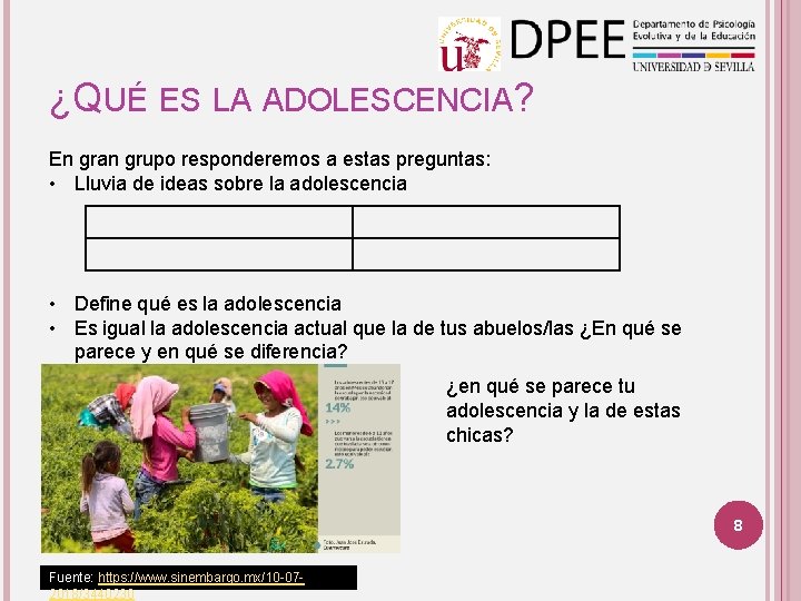 ¿QUÉ ES LA ADOLESCENCIA? En gran grupo responderemos a estas preguntas: • Lluvia de