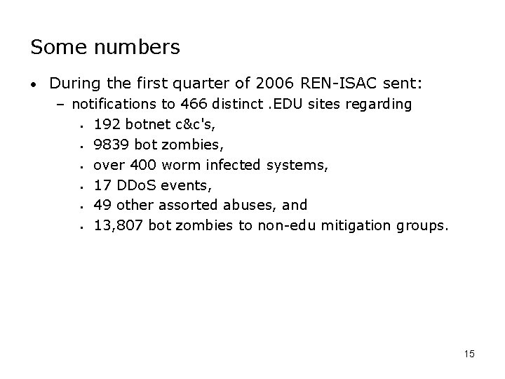 Some numbers • During the first quarter of 2006 REN-ISAC sent: – notifications to