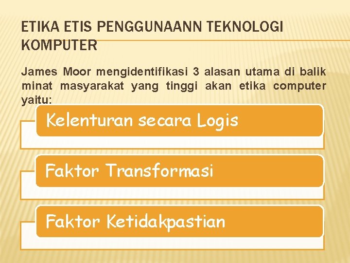 ETIKA ETIS PENGGUNAANN TEKNOLOGI KOMPUTER James Moor mengidentifikasi 3 alasan utama di balik minat