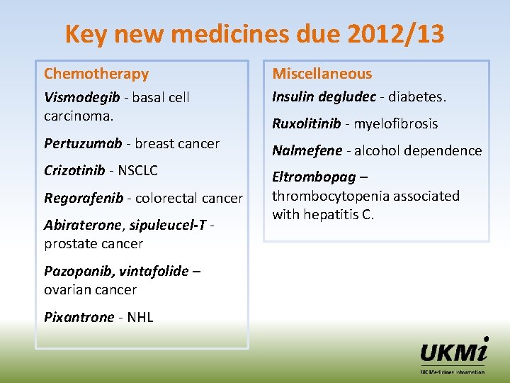 Key new medicines due 2012/13 Chemotherapy Miscellaneous Vismodegib - basal cell carcinoma. Insulin degludec