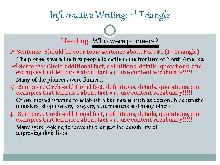 Informative Writing: 1 st Triangle Heading: Who were pioneers? 1 st Sentence: Should be