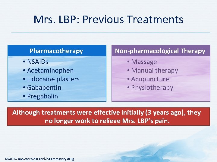 Mrs. LBP: Previous Treatments Pharmacotherapy • NSAIDs • Acetaminophen • Lidocaine plasters • Gabapentin