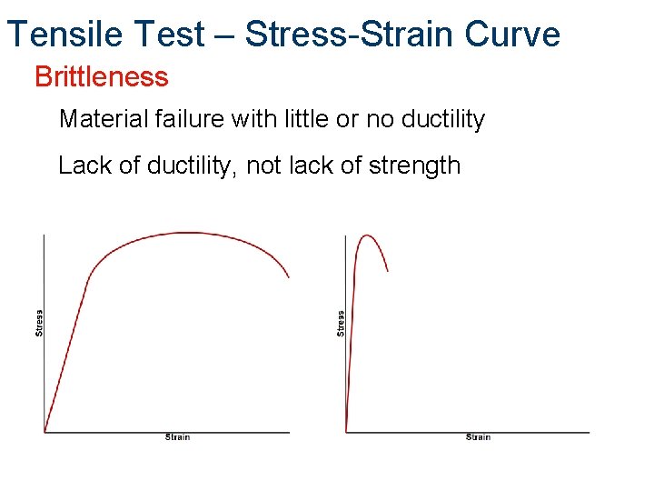 Tensile Test – Stress-Strain Curve Brittleness Material failure with little or no ductility Lack