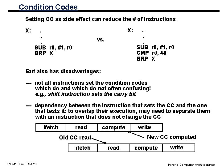 Condition Codes Setting CC as side effect can reduce the # of instructions X: