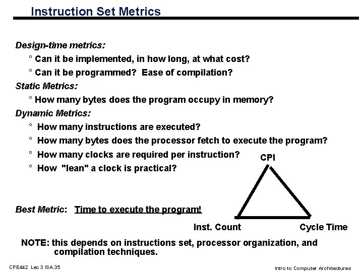 Instruction Set Metrics Design-time metrics: ° Can it be implemented, in how long, at