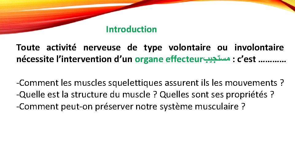 Introduction Toute activité nerveuse de type volontaire ou involontaire nécessite l’intervention d’un organe effecteur