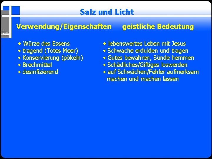 Salz und Licht Verwendung/Eigenschaften • Würze des Essens • tragend (Totes Meer) • Konservierung