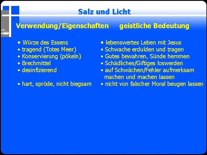 Salz und Licht Verwendung/Eigenschaften • Würze des Essens • tragend (Totes Meer) • Konservierung