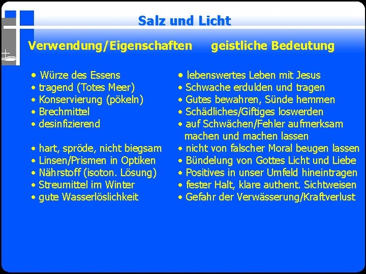 Salz und Licht Verwendung/Eigenschaften • Würze des Essens • tragend (Totes Meer) • Konservierung