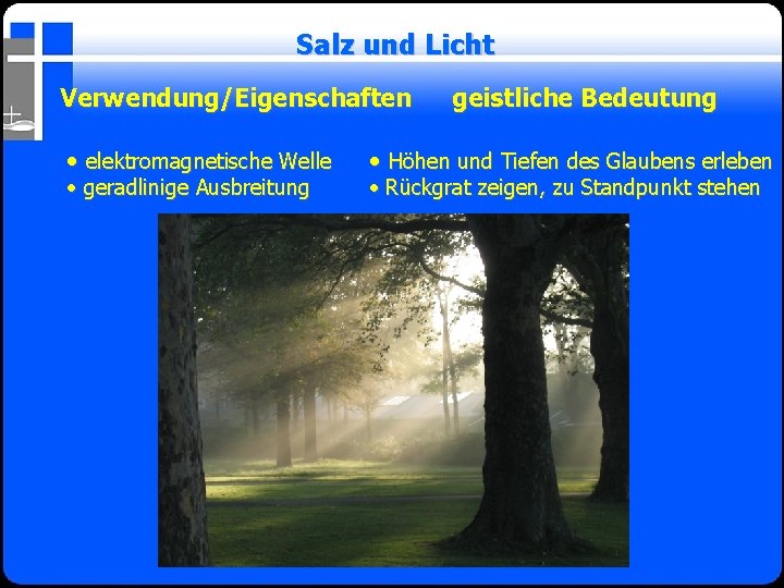 Salz und Licht Verwendung/Eigenschaften • elektromagnetische Welle • geradlinige Ausbreitung geistliche Bedeutung • Höhen