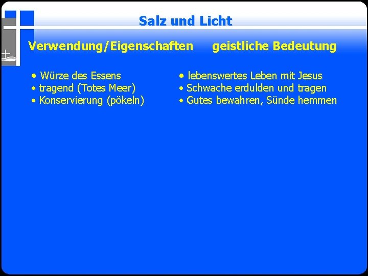 Salz und Licht Verwendung/Eigenschaften • Würze des Essens • tragend (Totes Meer) • Konservierung