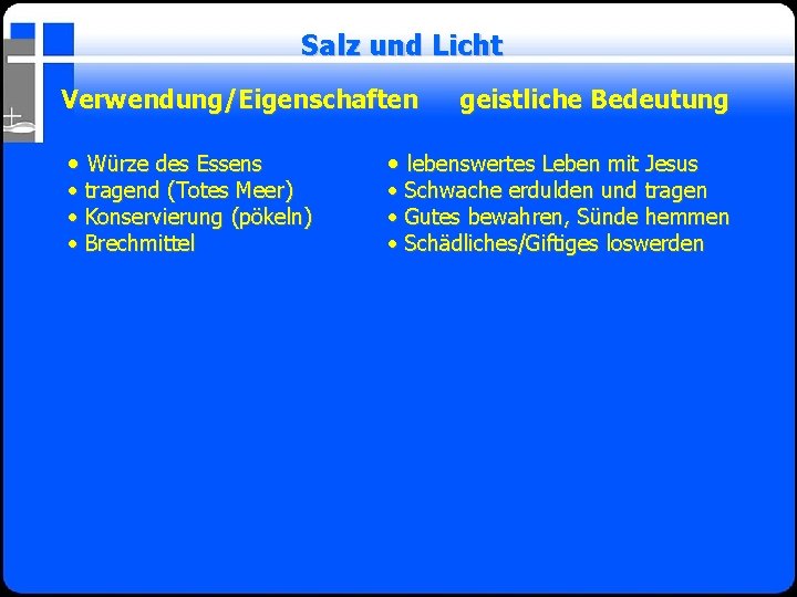 Salz und Licht Verwendung/Eigenschaften • Würze des Essens • tragend (Totes Meer) • Konservierung