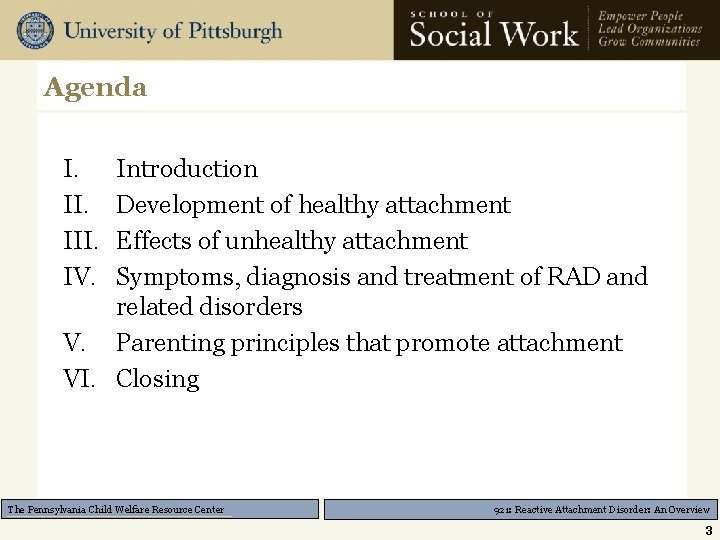 Agenda I. III. IV. Introduction Development of healthy attachment Effects of unhealthy attachment Symptoms,