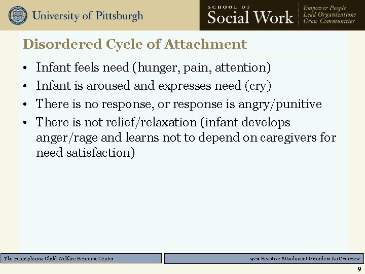 Disordered Cycle of Attachment • • Infant feels need (hunger, pain, attention) Infant is