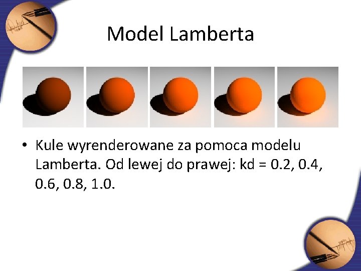 Model Lamberta • Kule wyrenderowane za pomoca modelu Lamberta. Od lewej do prawej: kd