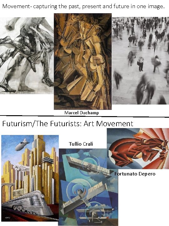 Movement- capturing the past, present and future in one image. Marcel Duchamp Futurism/The Futurists: