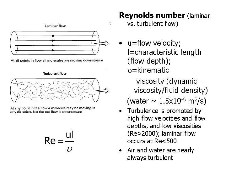 Reynolds number (laminar vs. turbulent flow) • u=flow velocity; l=characteristic length (flow depth); =kinematic