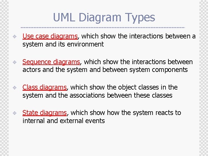 UML Diagram Types ± Use case diagrams, which show the interactions between a system