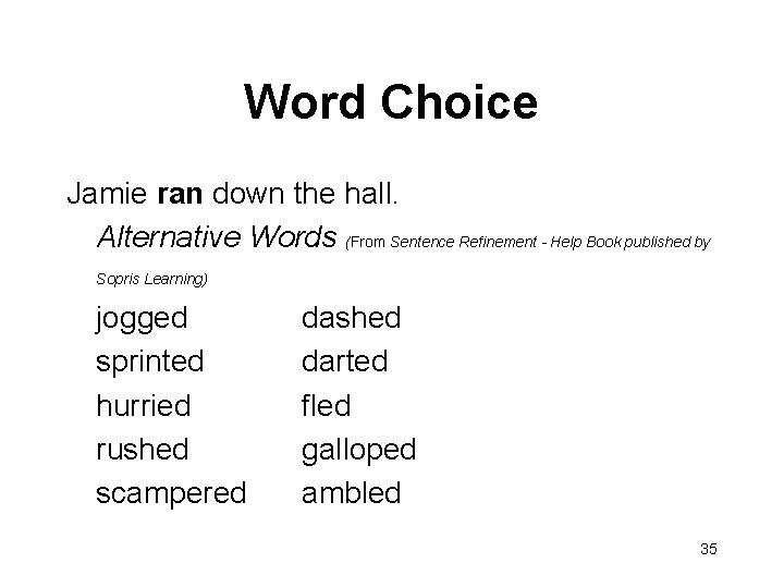 Word Choice Jamie ran down the hall. Alternative Words (From Sentence Refinement - Help