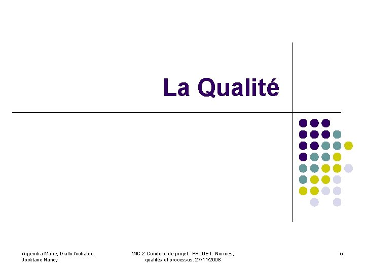 La Qualité Argendra Marie, Diallo Aichatou, Jocktane Nancy MIC 2 Conduite de projet. PROJET: