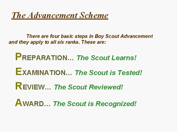 The Advancement Scheme There are four basic steps in Boy Scout Advancement and they