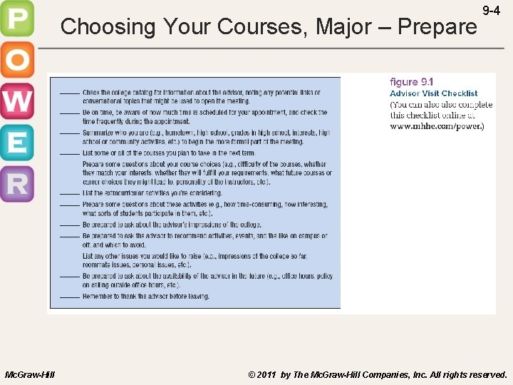 Choosing Your Courses, Major – Prepare Mc. Graw-Hill 9 -4 © 2011 by The