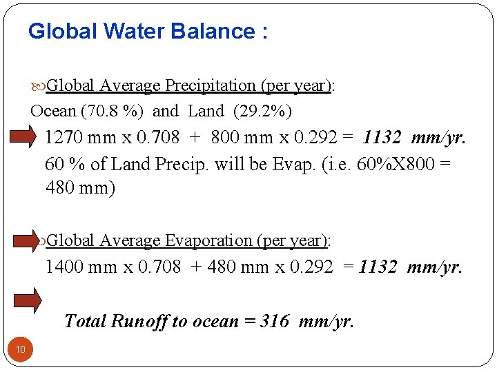 Global Water Balance : Global Average Precipitation (per year): Ocean (70. 8 %) and