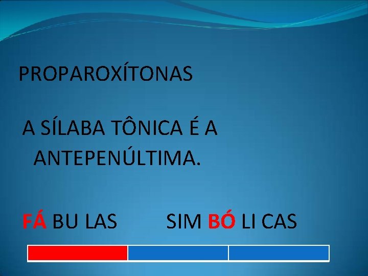 PROPAROXÍTONAS A SÍLABA TÔNICA É A ANTEPENÚLTIMA. FÁ BU LAS SIM BÓ LI CAS