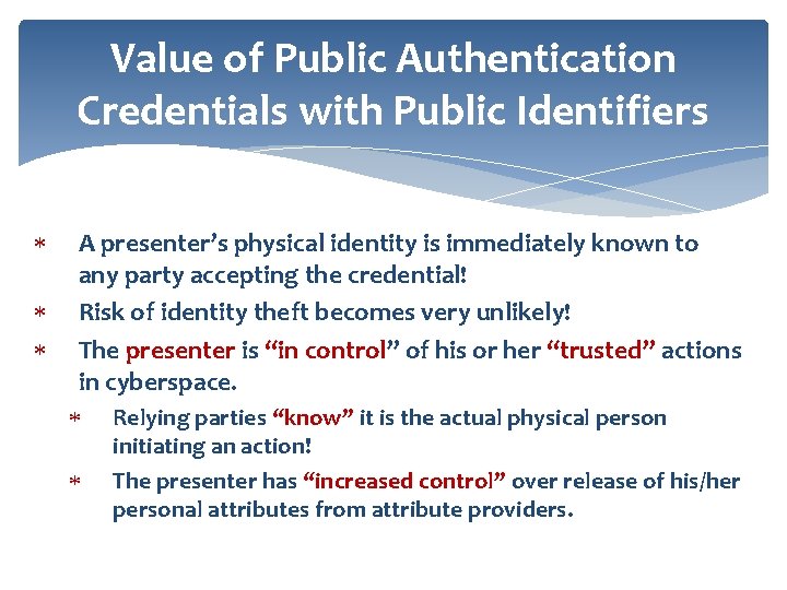 Value of Public Authentication Credentials with Public Identifiers A presenter’s physical identity is immediately