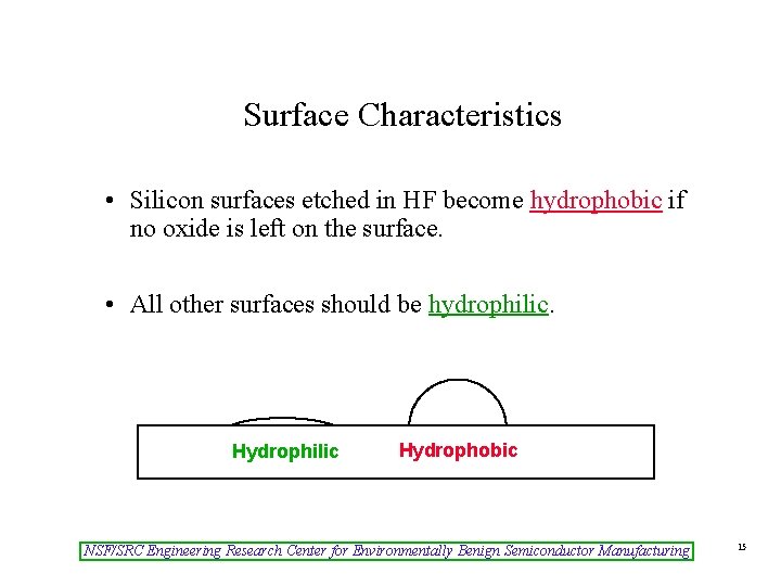 Surface Characteristics • Silicon surfaces etched in HF become hydrophobic if no oxide is