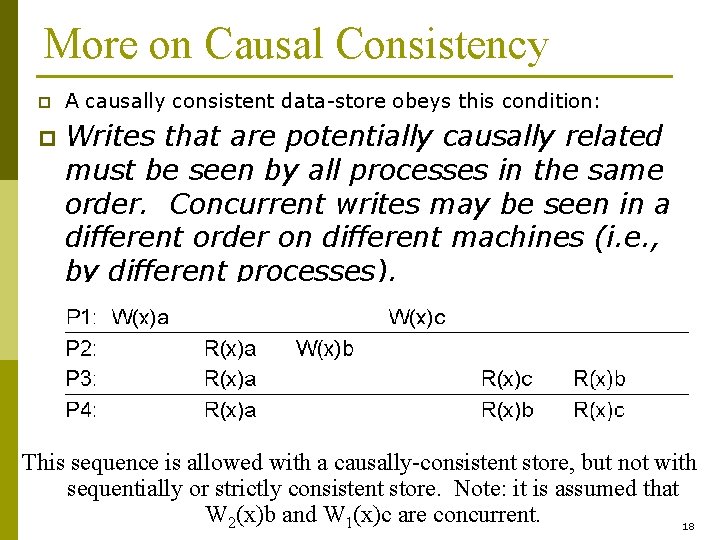 More on Causal Consistency p p A causally consistent data-store obeys this condition: Writes