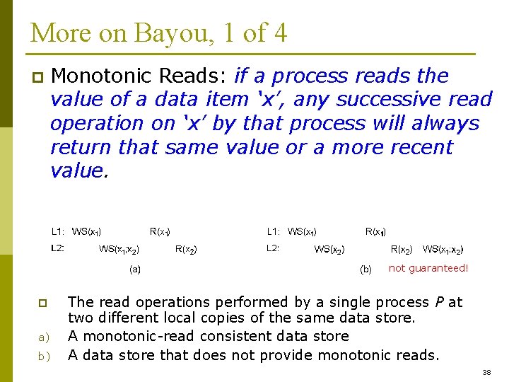 More on Bayou, 1 of 4 p Monotonic Reads: if a process reads the