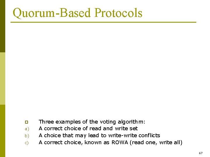 Quorum-Based Protocols p a) b) c) Three examples of the voting algorithm: A correct