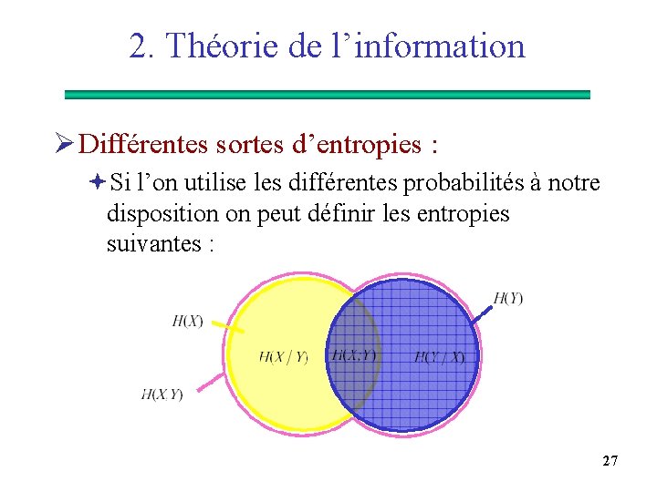 2. Théorie de l’information Ø Différentes sortes d’entropies : ªSi l’on utilise les différentes