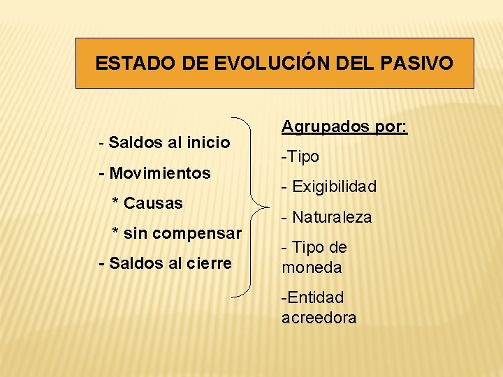 ESTADO DE EVOLUCIÓN DEL PASIVO - Saldos al inicio - Movimientos * Causas *