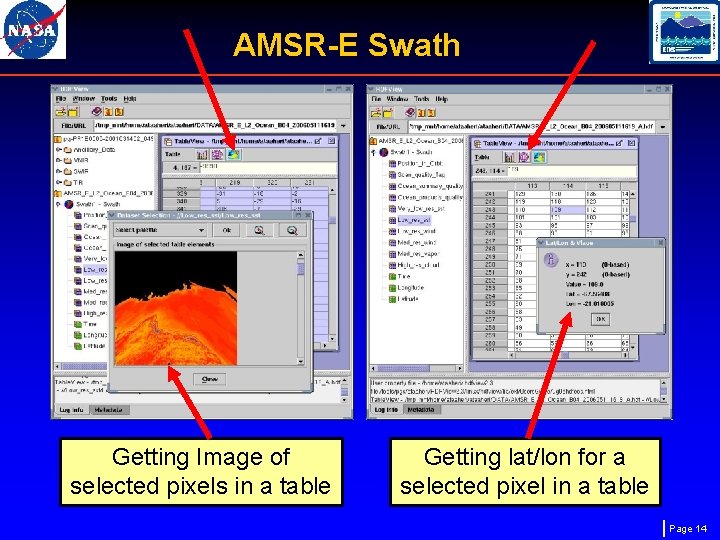 AMSR-E Swath Getting Image of selected pixels in a table Getting lat/lon for a