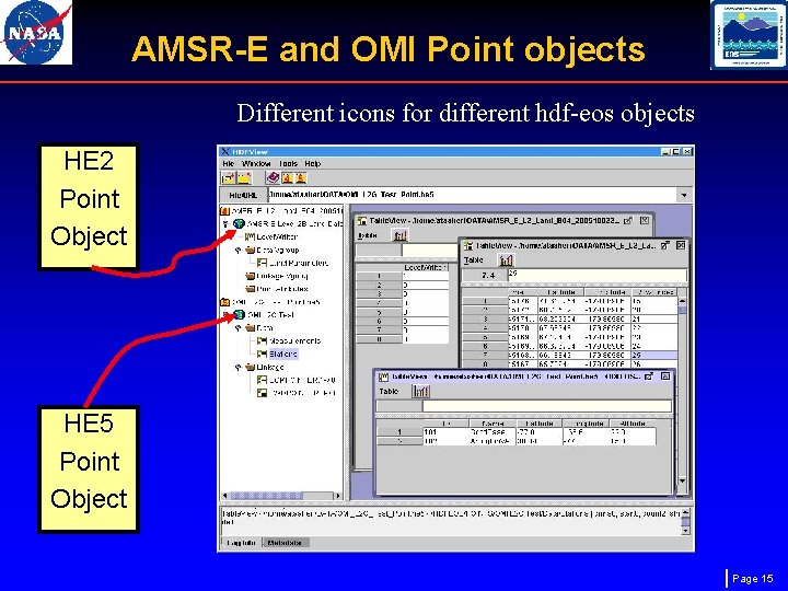 AMSR-E and OMI Point objects Different icons for different hdf-eos objects HE 2 Point