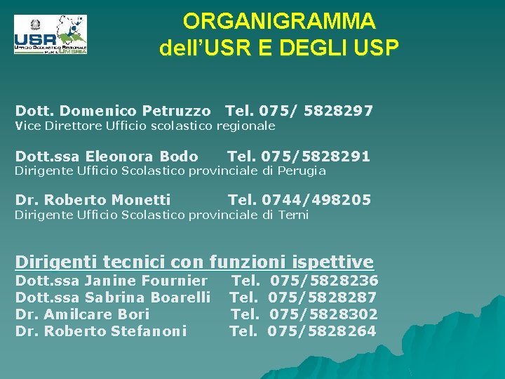 ORGANIGRAMMA dell’USR E DEGLI USP Dott. Domenico Petruzzo Tel. 075/ 5828297 Vice Direttore Ufficio