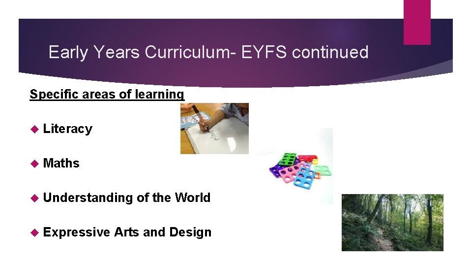 Early Years Curriculum- EYFS continued Specific areas of learning Literacy Maths Understanding Expressive of Early Years Curriculum- EYFS continued Specific areas of learning Literacy Maths Understanding Expressive of
