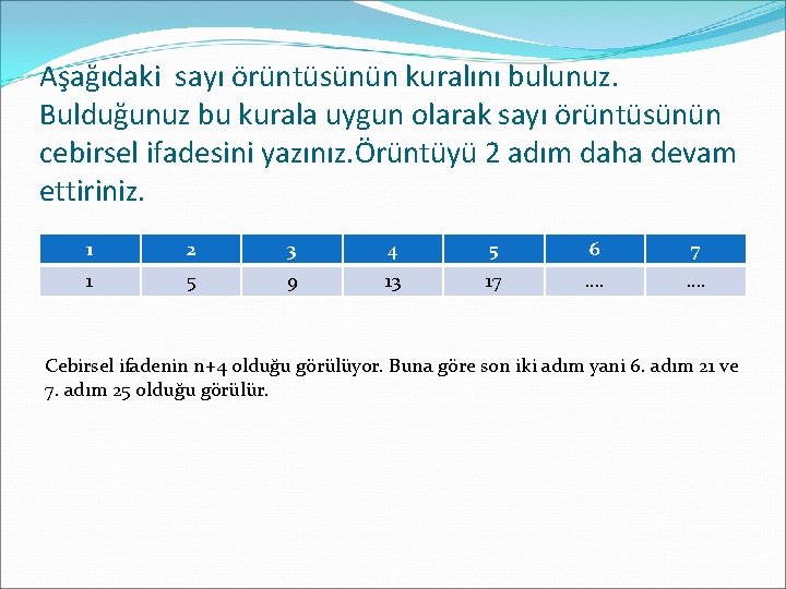 Aşağıdaki sayı örüntüsünün kuralını bulunuz. Bulduğunuz bu kurala uygun olarak sayı örüntüsünün cebirsel ifadesini