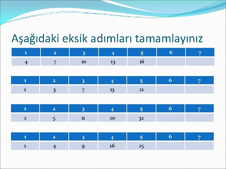 Aşağıdaki eksik adımları tamamlayınız 1 2 3 4 5 4 7 10 13 16